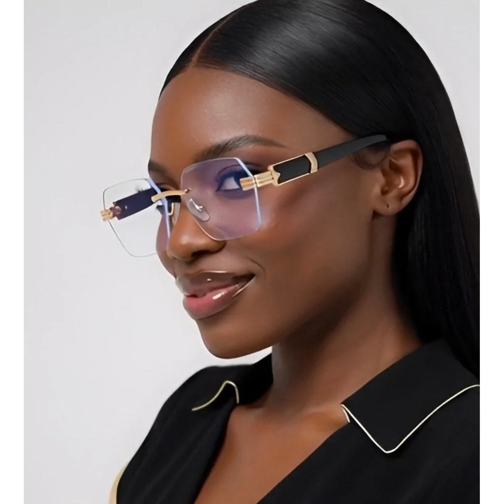 Rimless Geometric Clear Lens Eyeglasses Gold Black Hexagon Fashion Glasses Women